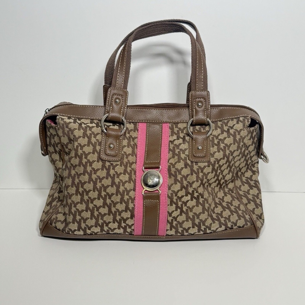 New York And Company Brown Pink Monogram Print Canvas Top Zip Travel Purse Y2K
